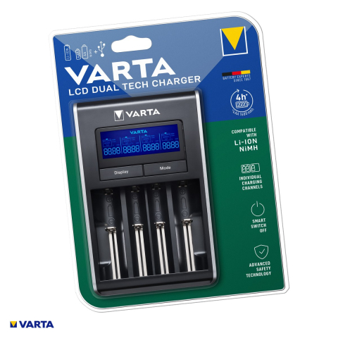 Energy - Incarcator VARTA LCD Dual Tech 57676 pentru acumulatori Ni-MH AA, AAA si Li-Ion 18650, 14500, 16340, 4 canale individuale, display LCD, iesire USB, fara acumulatori