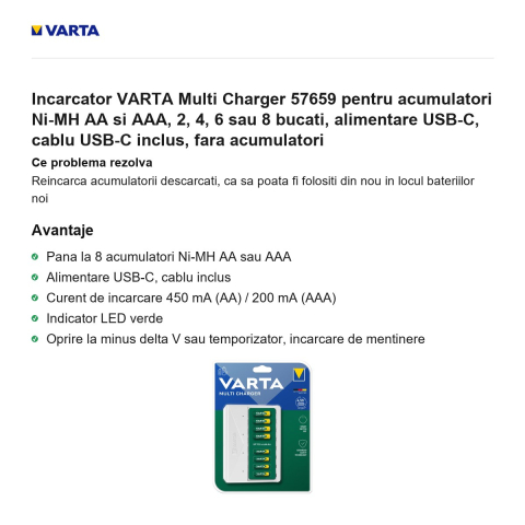 Incarcator VARTA Multi Charger 57659 pentru acumulatori Ni-MH AA si AAA, 2, 4, 6 sau 8 bucati, alimentare USB-C, cablu USB-C inclus, fara acumulatori [1]