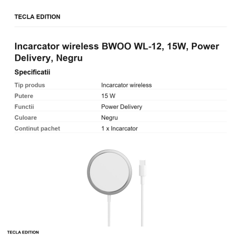 Incarcator wireless BWOO WL-12, 15W, Power Delivery, Negru [2]