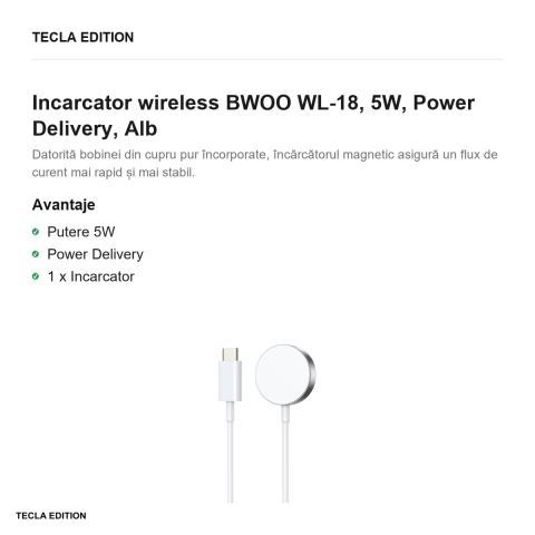 Incarcator wireless BWOO WL-18, 5W, Power Delivery, Alb [1]
