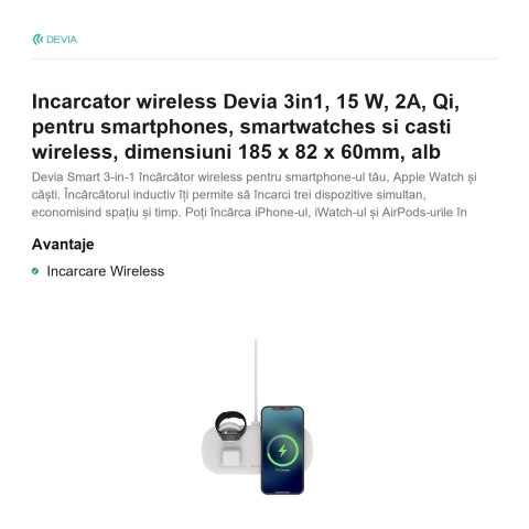 Incarcator wireless Devia 3in1, 15 W, 2A, Qi, pentru smartphones, smartwatches si casti wireless, dimensiuni 185 x 82 x 60mm, alb [1]