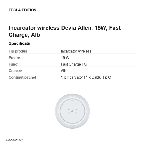Incarcator wireless Devia Allen, 15W, Fast Charge, Alb [2]