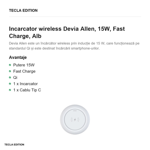 Incarcator wireless Devia Allen, 15W, Fast Charge, Alb [1]