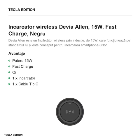 Incarcator wireless Devia Allen, 15W, Fast Charge, Negru [1]