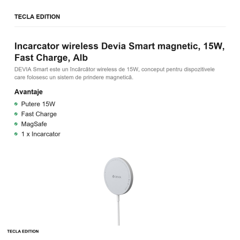 Incarcator wireless Devia Smart magnetic, 15W, Fast Charge, Alb [1]