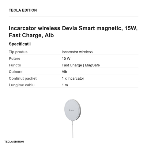 Incarcator wireless Devia Smart magnetic, 15W, Fast Charge, Alb [2]