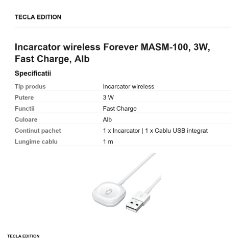 Incarcator wireless Forever MASM-100, 3W, Fast Charge, Alb [2]