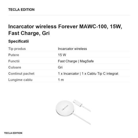 Incarcator wireless Forever MAWC-100, 15W, Fast Charge, Gri [2]