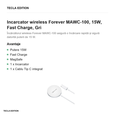 Incarcator wireless Forever MAWC-100, 15W, Fast Charge, Gri [1]