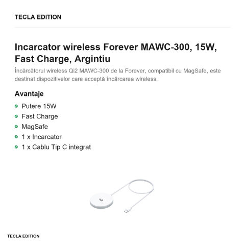Incarcator wireless Forever MAWC-300, 15W, Fast Charge, Argintiu [1]
