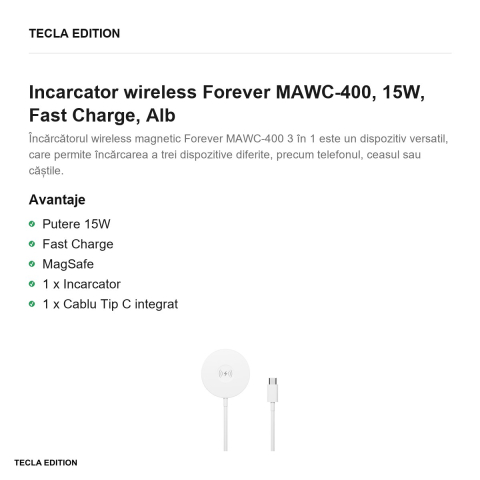 Incarcator wireless Forever MAWC-400, 15W, Fast Charge, Alb [1]