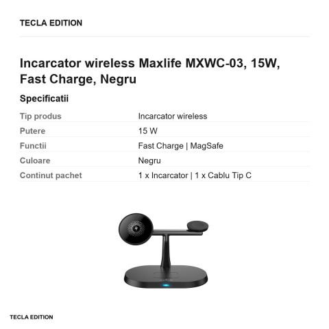 Incarcator wireless Maxlife MXWC-03, 15W, Fast Charge, Negru [2]