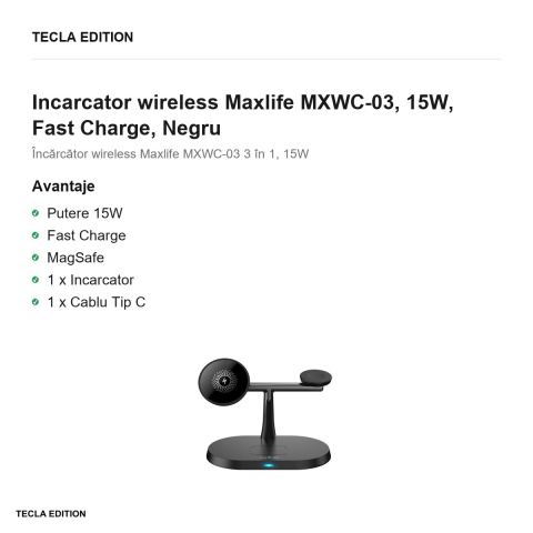 Incarcator wireless Maxlife MXWC-03, 15W, Fast Charge, Negru [1]