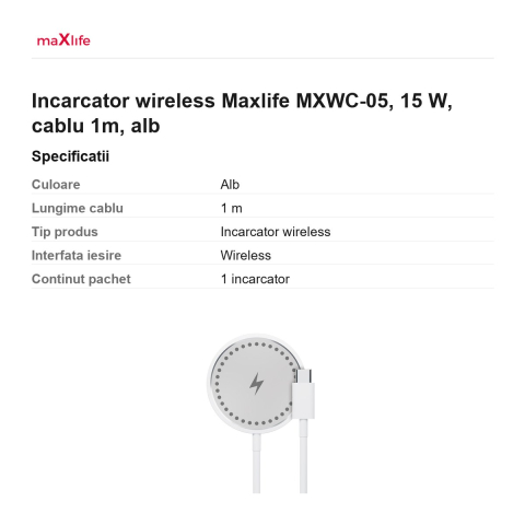 Incarcator wireless Maxlife MXWC-05, 15 W, cablu 1m, alb [2]