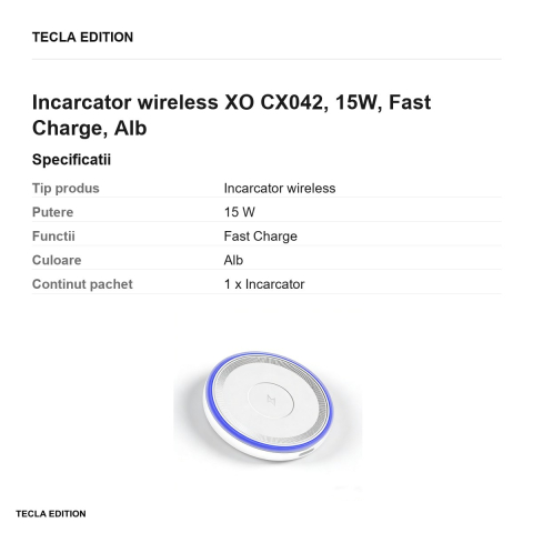 Incarcator wireless XO CX042, 15W, Fast Charge, Alb [2]