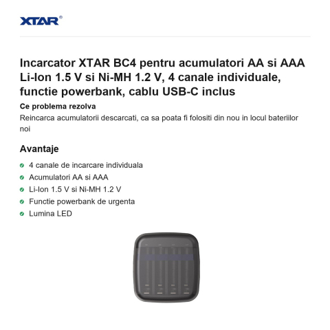 Incarcator XTAR BC4 pentru acumulatori AA si AAA Li-Ion 1.5 V si Ni-MH 1.2 V, 4 canale individuale, functie powerbank, cablu USB-C inclus [1]