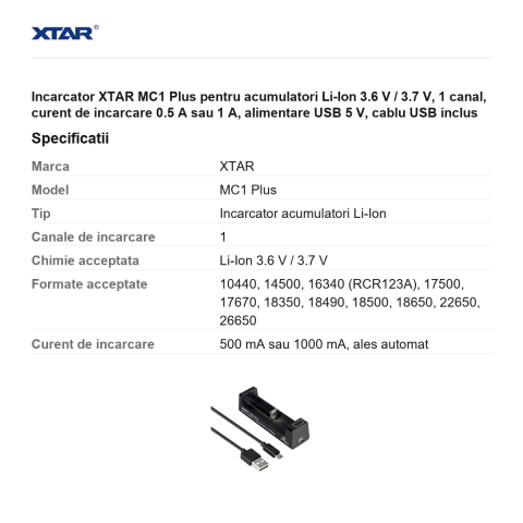 Incarcator XTAR MC1 Plus pentru acumulatori Li-Ion 3.6 V / 3.7 V, 1 canal, curent de incarcare 0.5 A sau 1 A, alimentare USB 5 V, cablu USB inclus [2]