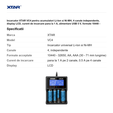Incarcator XTAR VC4 pentru acumulatori Li-Ion si Ni-MH, 4 canale independente, display LCD, curent de incarcare pana la 1 A, alimentare USB 5 V, formate 10440 - 32650, AA, AAA [2]