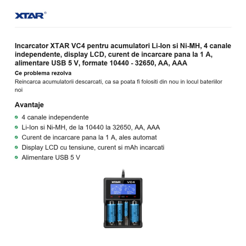 Incarcator XTAR VC4 pentru acumulatori Li-Ion si Ni-MH, 4 canale independente, display LCD, curent de incarcare pana la 1 A, alimentare USB 5 V, formate 10440 - 32650, AA, AAA [1]