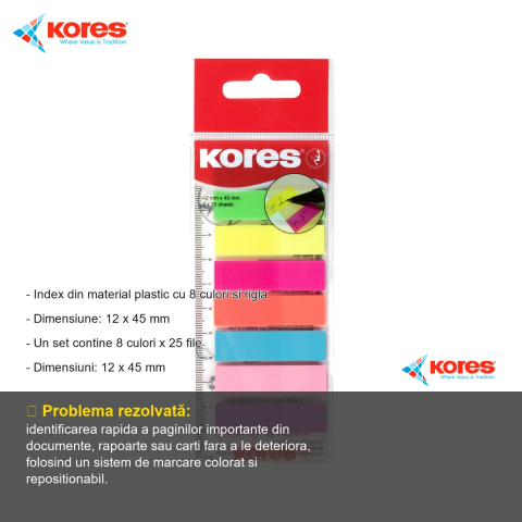 Index adeziv din plastic Kores, 8 culori x 25 file, cu rigla, 12 x 45 mm, pentru organizare documente [1]