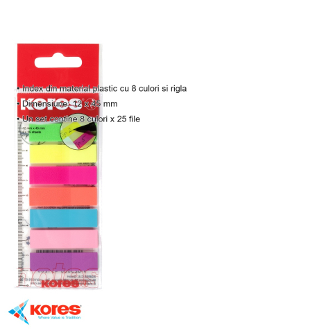 Index adeziv din plastic Kores, 8 culori x 25 file, cu rigla, 12 x 45 mm, pentru organizare documente [2]