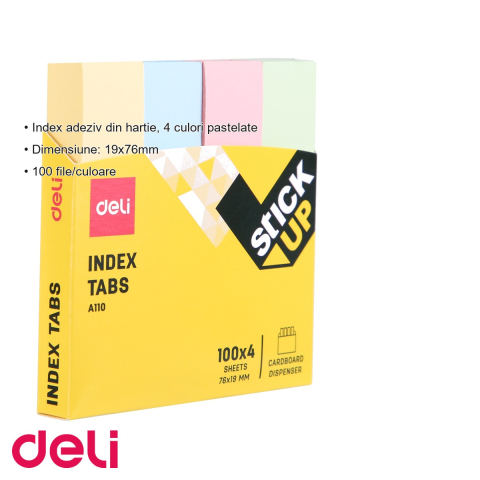 Index adeziv hartie Deli, 4 culori pastel, 19x76mm, 100 file/culoare, pentru organizare rapida documente [2]