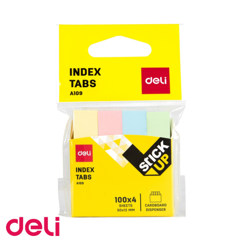 Notes, Post-it si cuburi de hartie - Index adeziv hartie Deli, 4 culori pastelate, 12x50mm, 100 file/culoare, pentru organizare rapida documente