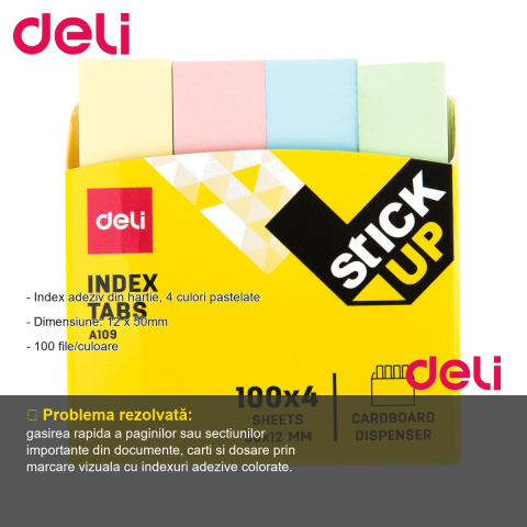Index adeziv hartie Deli, 4 culori pastelate, 12x50mm, 100 file/culoare, pentru organizare rapida documente [1]