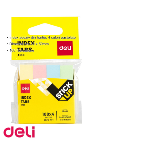 Index adeziv hartie Deli, 4 culori pastelate, 12x50mm, 100 file/culoare, pentru organizare rapida documente [2]