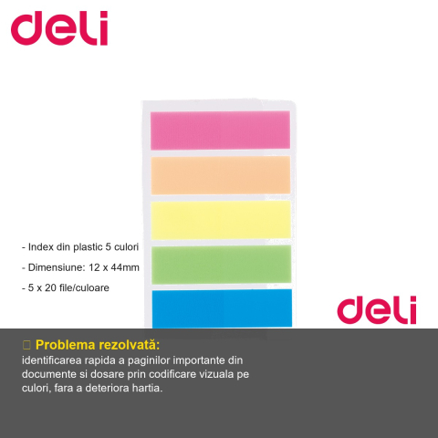 Index adeziv plastic Deli, 5 culori, 12x44mm, pentru organizare documente si dosare [1]