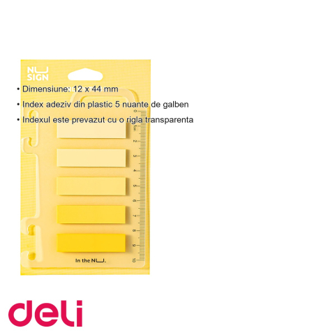 Index adeziv plastic Deli Nusign, 5 nuante de galben cu rigla transparenta, pentru subliniere si indexare documente [2]