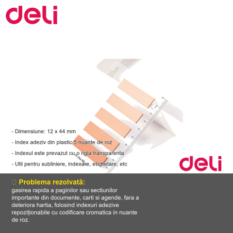 Index adeziv plastic Deli Nusign, 5 nuante de roz cu rigla transparenta, pentru subliniere si indexare rapida [1]