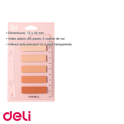 Index adeziv plastic Deli Nusign, 5 nuante de roz cu rigla transparenta, pentru subliniere si indexare rapida [2]