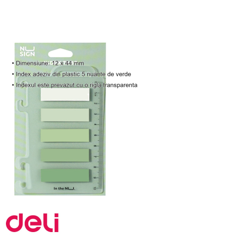 Index adeziv plastic Deli Nusign, 5 nuante de verde cu rigla transparenta, 12x44 mm, pentru indexare si organizare documente [2]