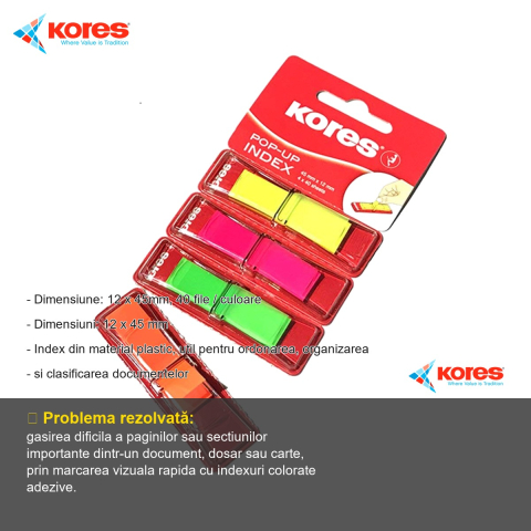Index adeziv plastic Kores, 12x45 mm, 4 culori, 40 file/culoare, pentru organizarea documentelor [1]