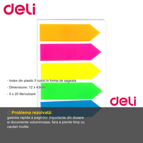 Index adeziv plastic sageata Deli, 5 culori, 12x43mm, pentru organizare documente si dosare [1]