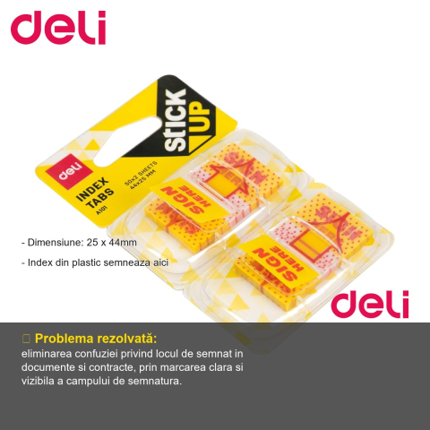 Index adeziv plastic "Semneaza aici" Deli, 25x44mm, set 2x50 file, pentru semnare documente [1]