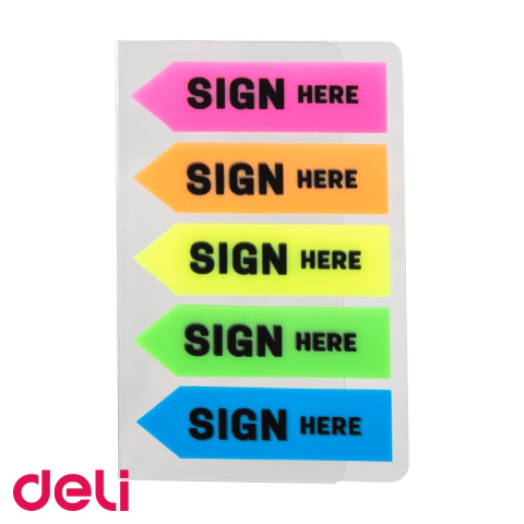 Index adeziv plastic "Sign Here" Deli, 44x12mm, 5 culori, 20 file per culoare, cu suport plastic inclus [3]