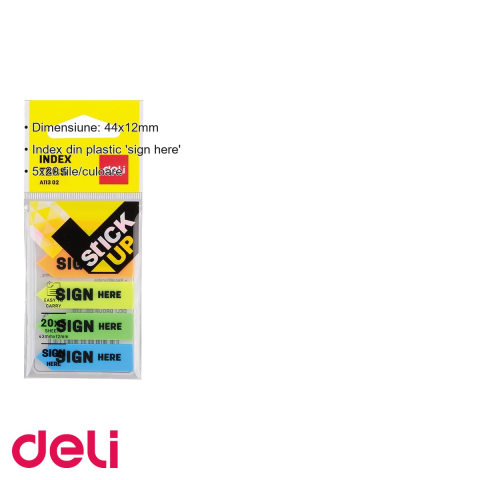 Index adeziv plastic "Sign Here" Deli, 44x12mm, 5 culori, 20 file per culoare, cu suport plastic inclus [2]