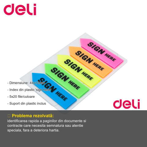 Index adeziv plastic "Sign Here" Deli, 44x12mm, 5 culori, 20 file per culoare, cu suport plastic inclus [1]