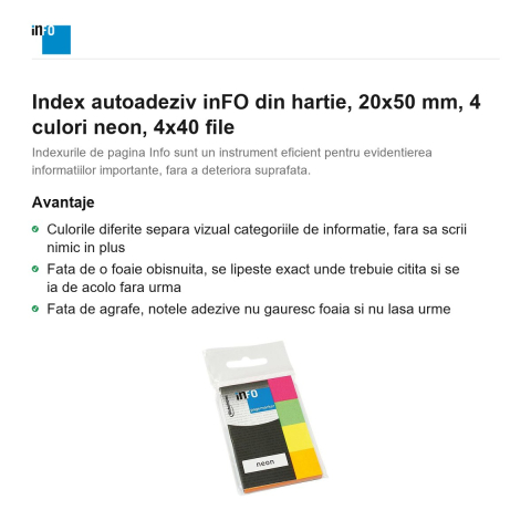 Index autoadeziv inFO din hartie, 20x50 mm, 4 culori neon, 4x40 file [1]