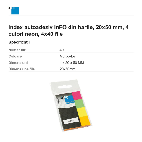 Index autoadeziv inFO din hartie, 20x50 mm, 4 culori neon, 4x40 file [2]