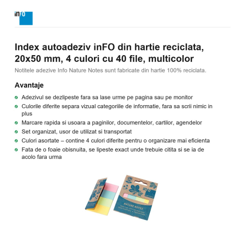 Index autoadeziv inFO din hartie reciclata, 20x50 mm, 4 culori cu 40 file, multicolor [1]
