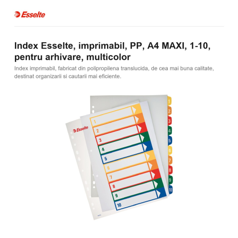 Index Esselte, imprimabil, PP, A4 MAXI, 1-10, pentru arhivare, multicolor [1]