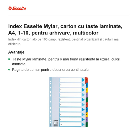 Index Esselte Mylar, carton cu taste laminate, A4, 1-10, pentru arhivare, multicolor [1]