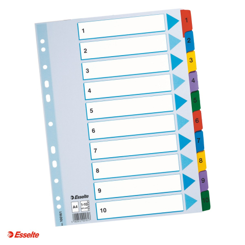 Indecsi si separatoare pentru dosare - Index Esselte Mylar, carton cu taste laminate, A4, 1-10, pentru arhivare, multicolor