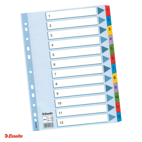 Indecsi si separatoare pentru dosare - index Esselte Mylar, carton cu taste laminate, A4, 1-12, pentru arhivare, multicolor