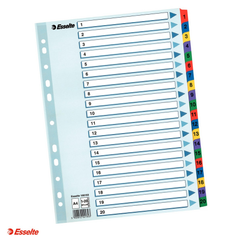 Indecsi si separatoare pentru dosare - Index Esselte Mylar, carton cu taste laminate, A4, 1-20, pentru arhivare, multicolor