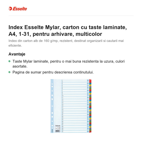 Index Esselte Mylar, carton cu taste laminate, A4, 1-31, pentru arhivare, multicolor [1]