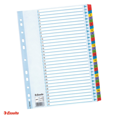 Indecsi si separatoare pentru dosare - Index Esselte Mylar, carton cu taste laminate, A4, 1-31, pentru arhivare, multicolor